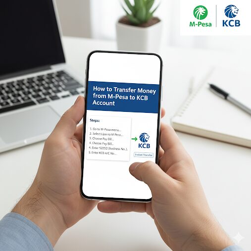 An image showing How to Transfer Money from M-Pesa to KCB Account Safaricom’s M-Pesa allows seamless transactions with banks across Kenya. If you hold a KCB account, you can easily transfer money from your M-Pesa wallet directly into your account anytime. Here’s how to do it. Steps to Transfer Money from M-Pesa to KCB Account Go to the M-Pesa menu on your phone. Select Lipa na M-Pesa. Choose Pay Bill. Enter 522522 as the business number (KCB Paybill). Enter your KCB account number as the account number. Enter the amount you wish to transfer. Input your M-Pesa PIN and confirm. You’ll receive SMS notifications from both M-Pesa and KCB confirming the transaction. Benefits of Using M-Pesa to KCB Transfers Instant transfer to your account. Available 24/7 including weekends and holidays. Safe and secure transaction process. Convenient for topping up your bank account without visiting a branch. Charges M-Pesa transaction charges apply based on the amount you are transferring. KCB does not charge extra for receiving funds. FAQs 1. What is the KCB Paybill number? The KCB Paybill number is 522522. 2. How long does the transfer take? Transfers are instant; both KCB and M-Pesa will send confirmation SMS messages. 3. Is there a maximum amount I can transfer? Yes. The M-Pesa limit is KSh 150,000 per transaction and KSh 300,000 per day. 4. Will KCB charge me for receiving money? No, KCB does not charge for deposits via M-Pesa. Only M-Pesa transaction fees apply. 5. Can I transfer money from M-Pesa to any KCB branch? Yes, funds go directly into your KCB account, regardless of branch. Conclusion Transferring money from M-Pesa to your KCB account is simple, fast, and reliable. With just a few steps, you can top up your account instantly and conveniently.